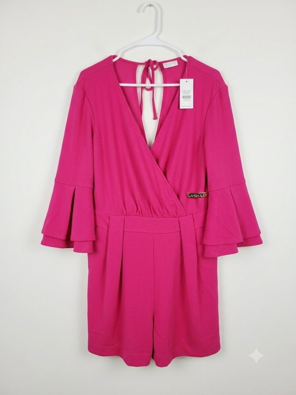 New York & Company Fuchsia Wrap Romper with Tiered Bell Sleeves